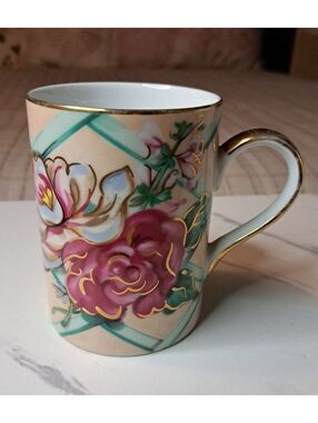 Vintage Fitz & Floyd "Floral Treillage" Fine Porcelain Gold Trimmed Cup/Mug 4"